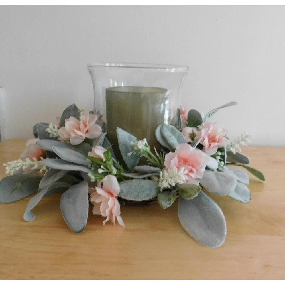 Artificial Lambs‎ Ear Wreath with pink Camilla 13 Inch Diameter Candle Ring